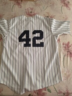 Majestic White Pinstripe Baseball Jersey with Navy Number 42